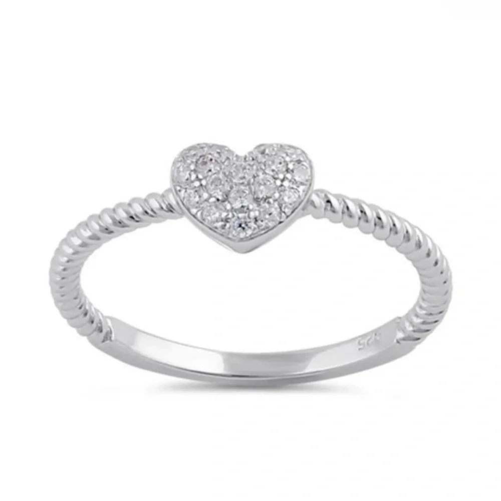 925 Sterling Silver Clear CZ Rope Heart Ring